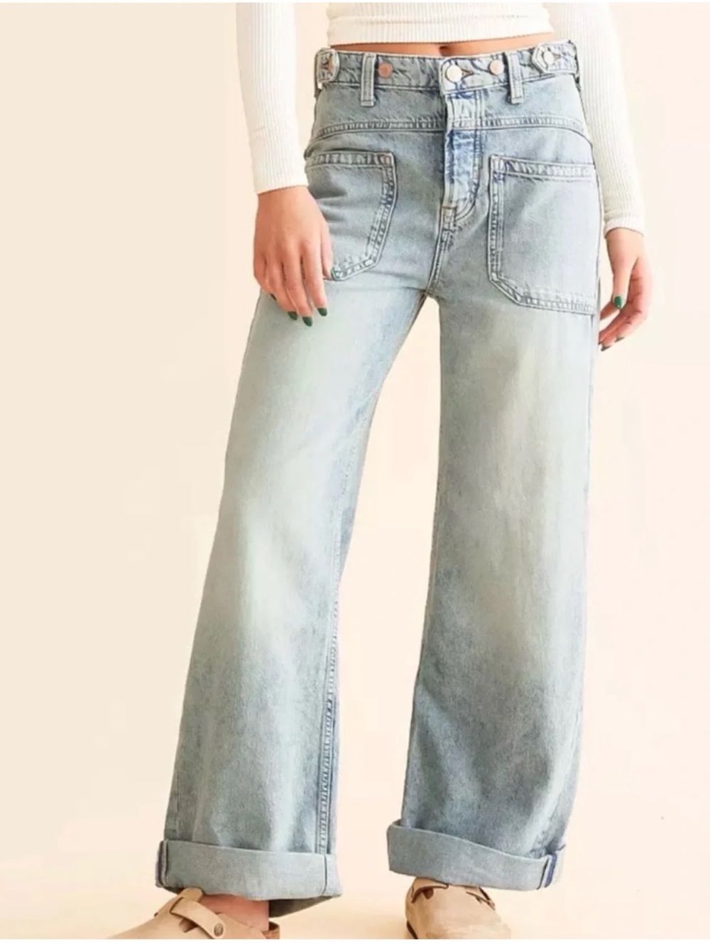 Free People We The Free Palmer Cuffed Wide leg baggy Jeans Light Wash La La land